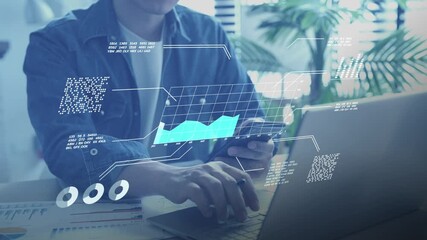 Businessman analyzing virtual data futuristic holographic dashboard business intelligence BI financial analysis big data visualization. stock market investment trends financial performance statistics - Powered by Adobe