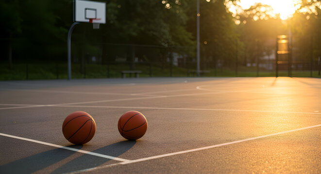 Baskeball Court at Sunset with Two Basketballs on Ground, Capturing the Spirit of Outdoor Sports and Active Lifestyle in Evening Light