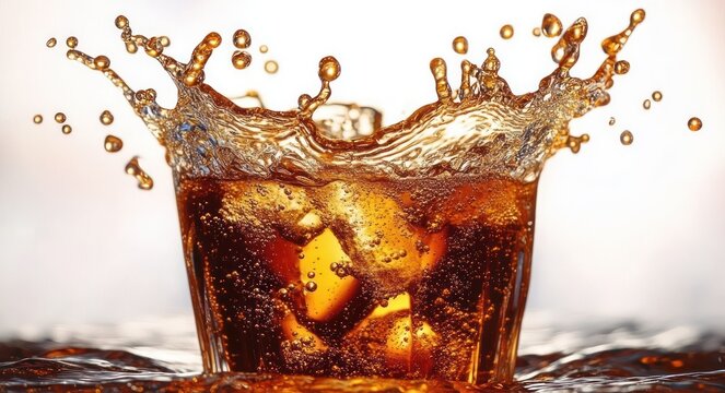 Close-up of a glass filled with a dark fizzy drink and ice cubes creating a splash with droplets frozen in midair