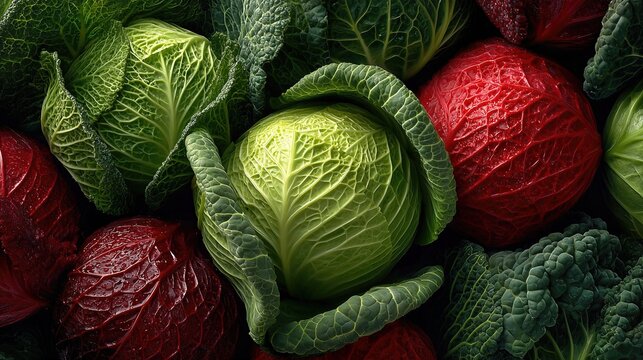 Colorful Green And Red Cabbage Close-Up. Texture, Freshness, Healthy Vegetables, Organic Produce For Food Background And Nutrition Visuals
