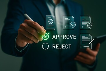 Business Decision Making and Approval Process — Professional Manager Selecting Approve Option on Digital Screen