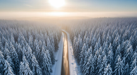 Winter Road Serenity Snow-Covered Trees Under the Warm Gaze of the Sun