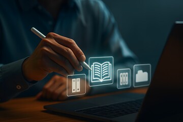 Digital Learning Technology with Futuristic Interface — Businessman Using Stylus on Laptop for Online Education and Data Management
