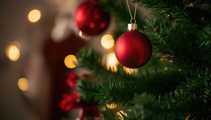 Obraz premium Christmas tree and decorations in soft focus, suitable for festive backgrounds