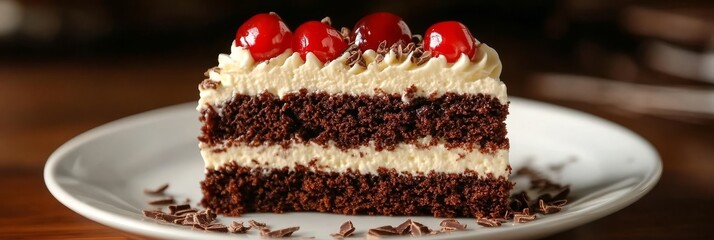 Delicious Black Forest Cake Slice with Cherry Topping and Rich Chocolate Layers in Elegant Display
