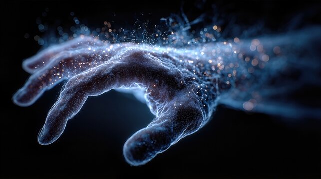 Sci-Fi Particle Hand Reaching In Dark With Glowing Dots And Blue Light Trails. Digital Identity Technology, Energy Flow, Biometrics Visualization
