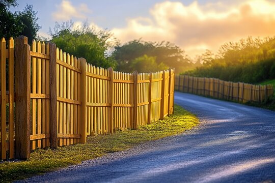 Curved country road bordered by wooden fences glowing in warm sunlight with lush green trees and soft clouds in the sky