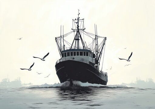 Fishing boat sailing through calm waters with seagulls flying around and other ships in the distant foggy background under pale sky - Powered by Adobe