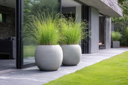 Modern outdoor space featuring sleek planters with tall grass, showcasing contemporary design elements and a connection to nature
