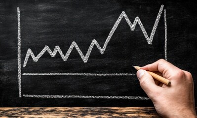 Hand drawing a jagged rising line graph on black chalkboard illustrating fluctuating progress or data trend