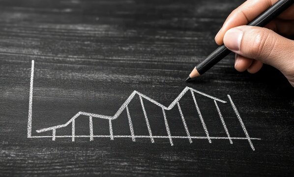 Hand drawing a fluctuating line graph with white chalk on a blackboard illustrating data trends