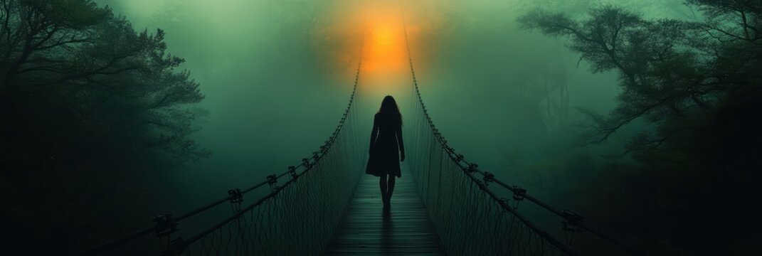 Person crossing a suspension bridge in a foggy forest during sunrise - Powered by Adobe
