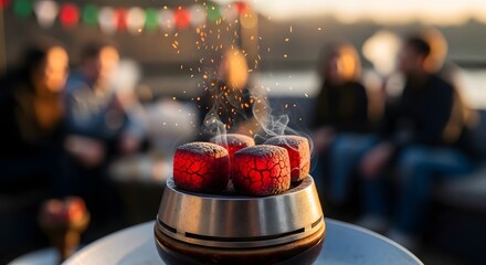 Outdoor evening gatherings with warm glowing coals and festive atmosphere