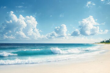 Bright sunny day on a pristine sandy beach with gentle turquoise waves and scattered white clouds in a clear blue sky