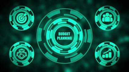 Futuristic HUD interface displaying Budget Planning with glowing circular elements finance - Powered by Adobe