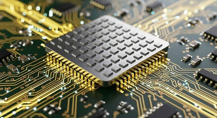 Advanced microprocessor integrated circuit on a glowing printed circuit board.