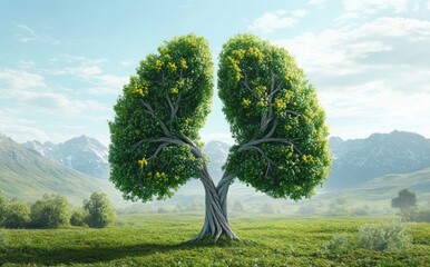 Tree shaped like human lungs with healthy green foliage standing in vast meadow with mountain range under clear sky conveying nature and life symbolism