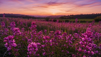 Field of blooming red clovers, showcasing seasonal change, Spring