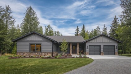 Fototapeta premium Grey house featuring wood siding, stone column, and covered porch with dual garages, showcasing architectural preservation
