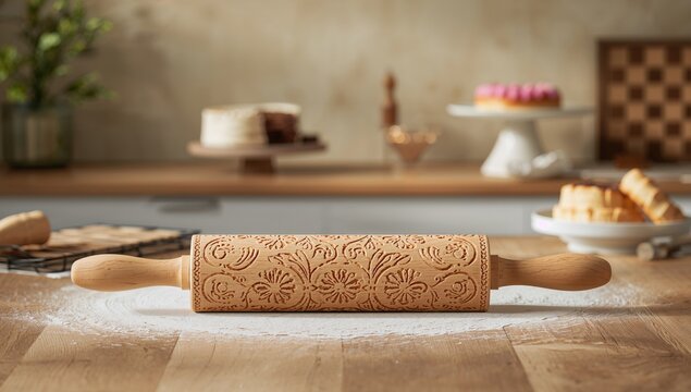 A cookie rolling pin adorned with embossed designs, ideal for baking and creating intricate patterns, love - Powered by Adobe