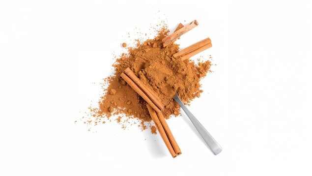 Ground cinnamon and sticks isolated on a white backdrop, ideal for culinary applications