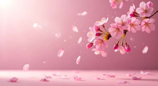 Elegant cherry blossom on pink background with falling petals for spring design and decor