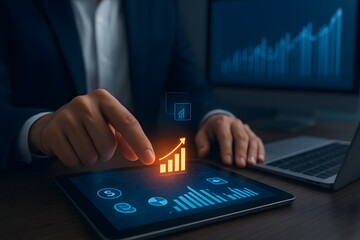 Business professional analyzing financial growth data on digital tablet with futuristic graph and analytics dashboard in modern office
