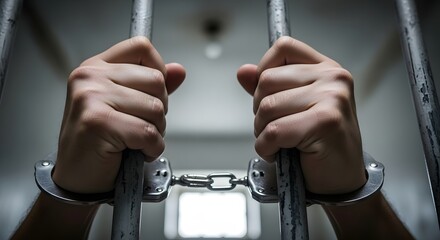 Captivity and justice theme with hands in handcuffs behind prison bars for legal and crime prevention awareness