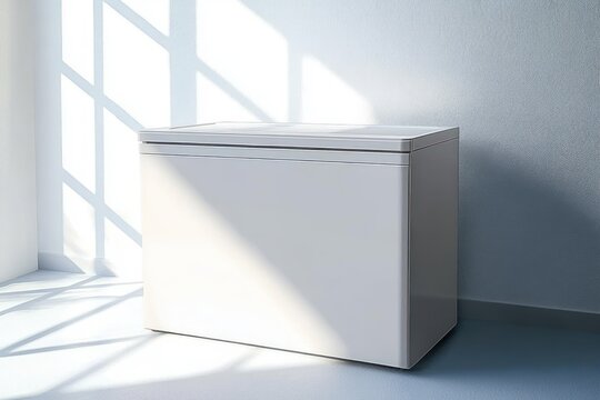 Minimalist white chest freezer standing in a bright room with sunlight streaming through a window creating shadow patterns on the walls and floor