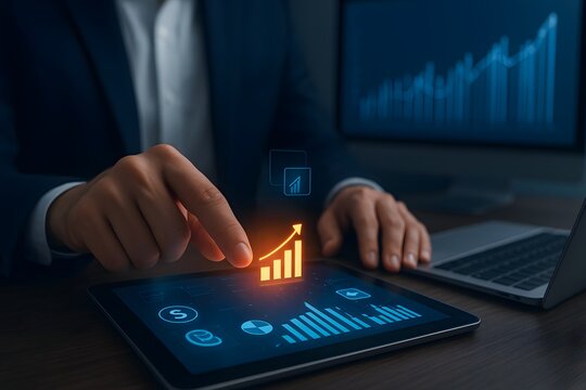 Business professional analyzing financial growth data on digital tablet with futuristic graph and analytics dashboard in modern office
