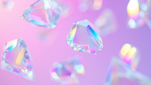 Abstract holographic diamonds floating on a pink and purple gradient background - Powered by Adobe