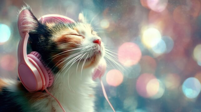 Playful Calico Cat Enjoying Music with Pink Headphones Against a Colorful Bokeh Background for Joyful and Relaxed Mood Imagery