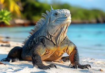 Fototapeta premium Large iguana resting on white sandy beach with blurred tropical foliage and turquoise water in the background on a sunny day