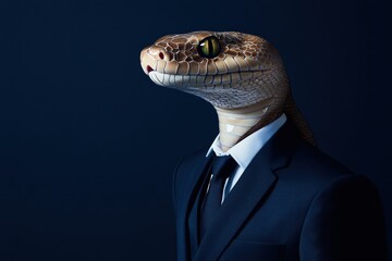 Snake in formal suit against a dark blue background showcasing elegance and uniqueness
