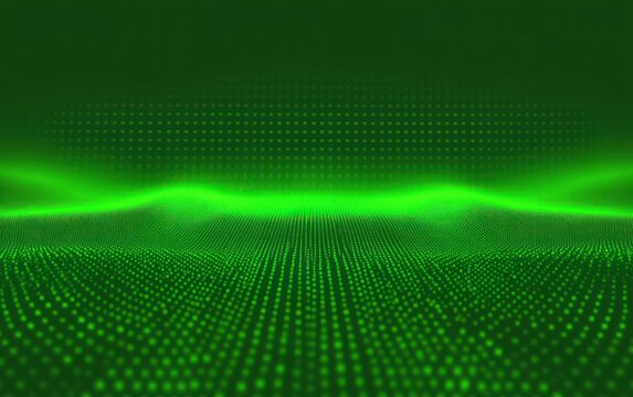 Abstract digital landscape of glowing green dots forming wave patterns on a dark background representing futuristic technology and data visualization - Powered by Adobe