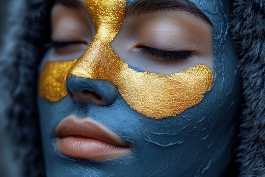 Enjoying a relaxing spa day with a gold and clay facial mask for glowing skin - Powered by Adobe