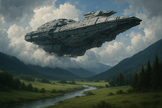 Majestic spaceship hovers over tranquil valley, a cinematic blend of nature and technology, fueling dreams of exploration and futuristic adventure today