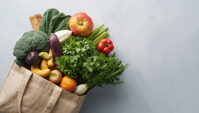Grocery bag filled with organic fresh vegetables and fruits on a light grey background, promoting a fiber-dense choice