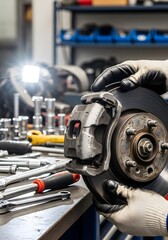 Automotive workshop scene with brake disc and tools for mechanical repair and maintenance