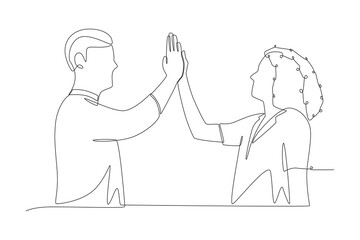 Businessman high five concept one-line drawing