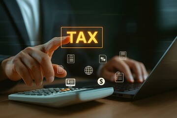Businessman calculating taxes using digital interface with TAX button, laptop, and calculator in modern office concept
