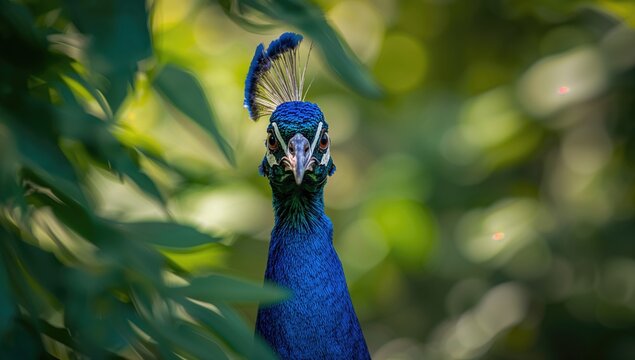 A vibrant blue peacock in close-up, showcasing its feathers against a lush green backdrop, seasonal change