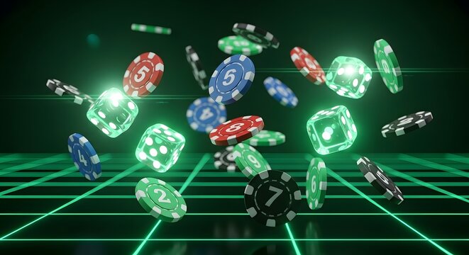 Exciting casino night concept with dynamic falling dice and poker chips for casino promotions or game night designs