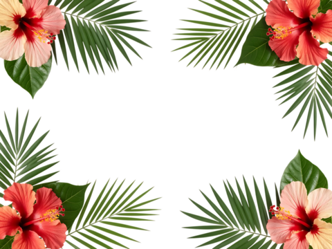 Hibiscus and palm leaf border isolated on transparent background