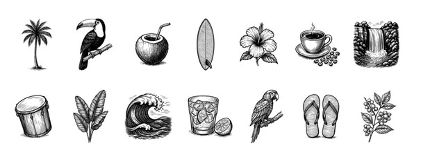 Vintage Tropical Illustrations Set: Brazilian Nature, Beach, and Culture Elements