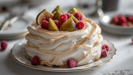 Almond meringue dessert featuring figs and raspberries, fiber-dense choice