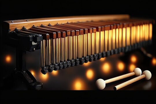 Close-up of a vibraphone with wooden bars and metal tubes, illuminated softly against a dark background alongside two mallets