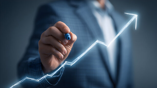 Professional hand drawing a glowing upward trending arrow symbolizing growth, success, and positive financial performance in a modern business setting