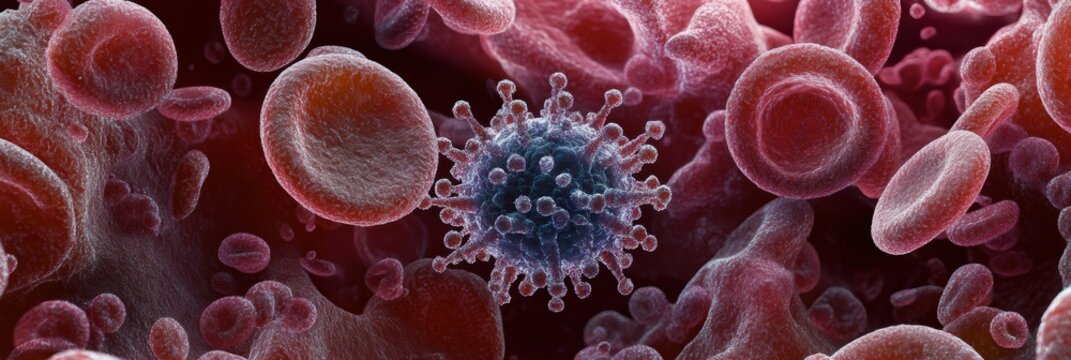 Microscopic view showing blood cells and a virus interacting in the human immune system