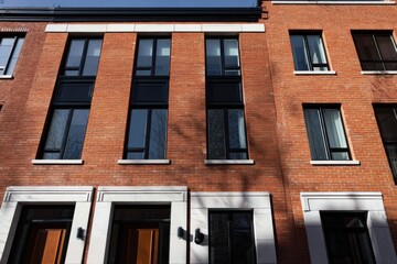 In an urban setting, a contemporary brick building stands out, featuring large windows that beautifully reflect the blue sky and cast interesting shadows on its facade